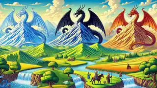 Mountains representing the four dragons with lush landscapes, flowing rivers, and farmers working happily in the fields.