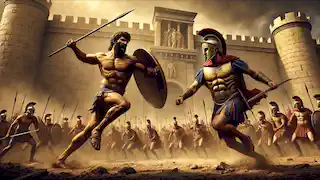 Achilles and Hector battle fiercely outside the walls of Troy, their weapons raised and emotions raw under golden sunlight.