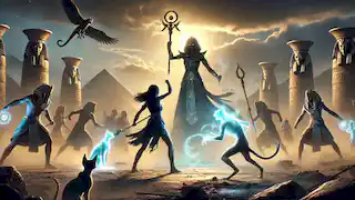 Meret-Ka confronts the dark sorcerer Nehesy, surrounded by glowing ghostly cats.