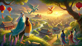 A peaceful scene of Princess Mei Ling and Emperor Liang overlooking the kingdom as the Dragon and Phoenix soar in harmony.