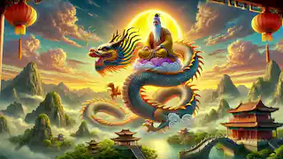 The Yellow Emperor ascends to the heavens on a mystical dragon, symbolizing his legendary journey to the gods.