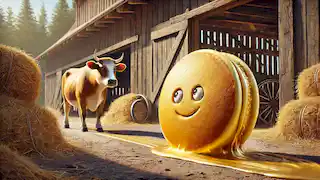  A golden pancake rolls past a curious cow standing inside a barn with sunlight streaming in.