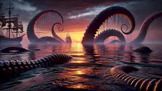 The Kraken's tentacles begin to rise from a calm ocean at dusk, with a distant ship unaware of the danger.