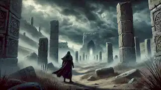 Malik enters the Valley of the Djinn, surrounded by ancient ruins and a stormy sky, with mystical carvings on stone pillars.