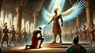 Mwindo confronts his father, Shemwindo, in the royal court as his father kneels in defeat, signaling the end of tyranny.