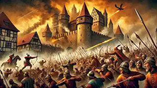 A fierce battle outside Rothenburg’s walls with defenders using arrows and boiling oil against a relentless peasant army.