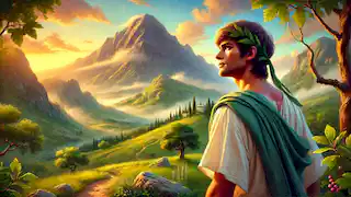 Lysander, a young poet, gazes up at Mount Helicon at the start of his quest for inspiration from the Muses.