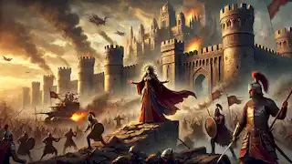 Queen Parivash defends the capital in a climactic siege amidst fire, smoke, and breached city walls.