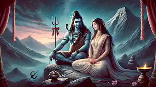 Shiva and Parvati seated together on Mount Kailash, gazing at the peaceful twilight sky after their wedding.