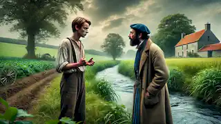 Wilhelm and Jacques confront each other near a stream in rural Lorraine, symbolizing cultural and territorial tensions.