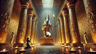 Interior of Anubis's temple with engraved pillars, a golden altar, and the scribe kneeling before the jackal-headed god