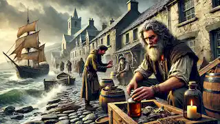 A fisherman prepares his boat as villagers watch with concern, set in a stormy medieval Irish fishing village.