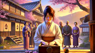 Ayako kneeling before a shrine in a peaceful village scene, surrounded by villagers and cherry blossoms.