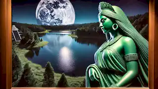 Chalchiuhtlicue watches over a calm, moonlit lake, her figure reflected in the water.