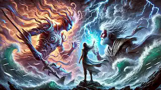 Elara confronting the Wind Elemental King amidst a raging storm.