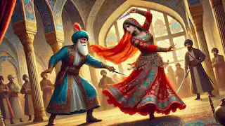 Morgiana performing the dagger dance, about to kill the thieves' leader.