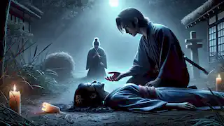  Kenta kneels beside Yumi's floating head as the village priest performs a ritual under the moonlight in a solemn scene.