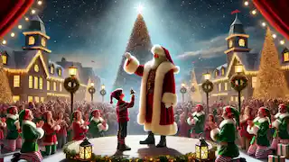 Santa Claus hands the first gift of Christmas, a silver bell, to an awestruck boy in a festive North Pole plaza.