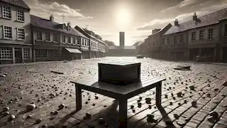  The empty town square, with a black wooden box on a table and scattered stones on the ground.