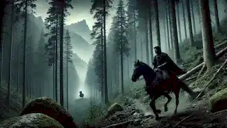 Rostam rides through a misty forest, his sword drawn, heading toward the shadowy lair of the Div-e Sefid.