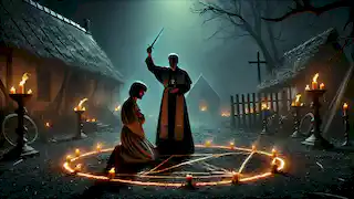 Father Matheus performs a ritual at night, holding a silver dagger with João standing in a glowing circle.