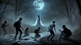 Teenagers stand frozen in fear as they encounter La Llorona emerging from the mist by the river.