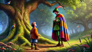 A young boy named Erik meeting the Pied Piper by the old oak tree.