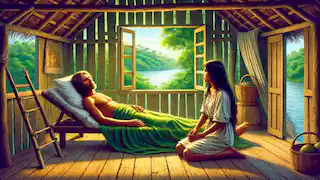 Antonio lies on his deathbed in a hut by the Amazon River, with Maria holding his hand in sorrow and love.