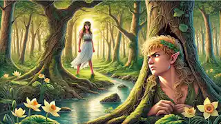 Echo hides behind a tree, watching Narcissus as he hears her voice echoing by a quiet stream in the forest.