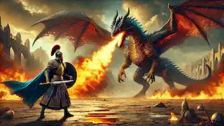 Esfandiyar confronting a colossal fire-breathing dragon in a desolate wasteland, holding his shield.