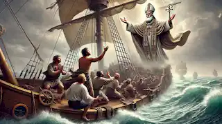 Saint Nicholas calming a stormy sea, bringing hope and safety to sailors aboard a distressed ship