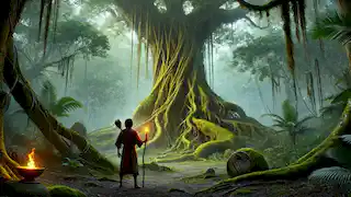 João stands before a massive ancient tree in the jungle as the Curupira explains its importance and secrets.