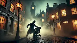 Sir Danvers Carew is attacked by Mr. Hyde on a foggy, dimly lit London street.