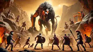 Greek heroes confront a towering, monstrous lion in a rocky landscape, preparing for battle.