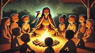 Aiyana singing the mockingbird's song with children around a fire.