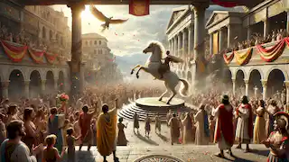 The people of Lycia celebrate Bellerophon’s victory, cheering in the streets as Bellerophon rides Pegasus past King Iobates.