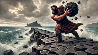 Finn MacCool throwing large stones into the sea, building the Giant’s Causeway under an overcast sky.