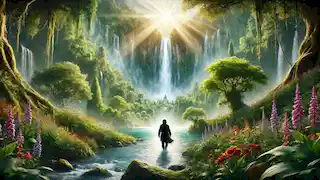 Darian walking through a lush valley toward the Silver Fountain glowing in sunlight