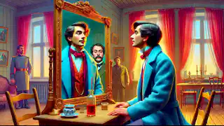 Kovalyov stares in disbelief at his reflection in the mirror, realizing his nose has returned to his face.