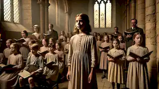 Esmé, a thoughtful young girl, sings with a children's choir in a dimly lit stone church in 1944.