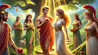 Paris of Troy holds the golden apple, choosing Aphrodite as the fairest, with Athena and Hera nearby