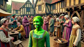 The girl, fully integrated into village life, stands in a lively medieval market, conversing with villagers.