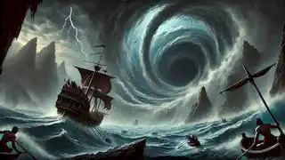 Odysseus's ship narrowly avoids the whirlpool of Charybdis while lightning strikes in the stormy sky.