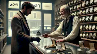 Jim hands his gold watch to a pawnbroker in a dimly lit shop, making a difficult sacrifice for a gift.