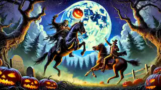 The Headless Horseman throwing a pumpkin at Ichabod Crane on a moonlit night.