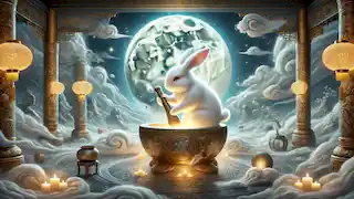 The jade rabbit in its celestial palace, pounding the elixir of immortality under a glowing full moon.