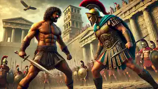 Achilles and Hector duel fiercely outside the walls of Troy with onlookers watching in tension.