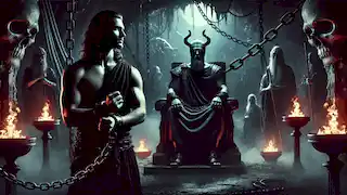 Evander stands bound in chains of shadow before Hades, who sits on his dark throne in the underworld, surrounded by spirits.