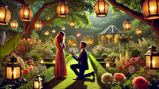 A romantic garden proposal under lantern lights.