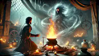 Hans performs the ritual to lift the curse as the vengeful spirit watches.